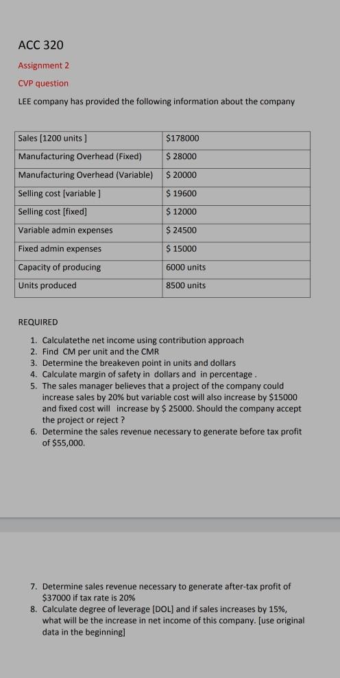  ACC 320 Assignment 2 CVP question LEE company has provided the