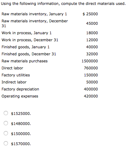  Using the following information, compute the direct materials used. $ 25000