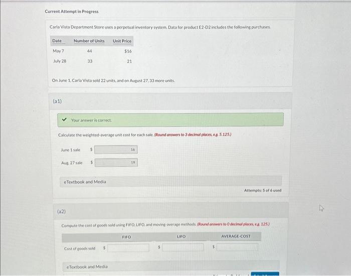  Current Attempt in Progress Carla Vista Department Store uses a perpetual