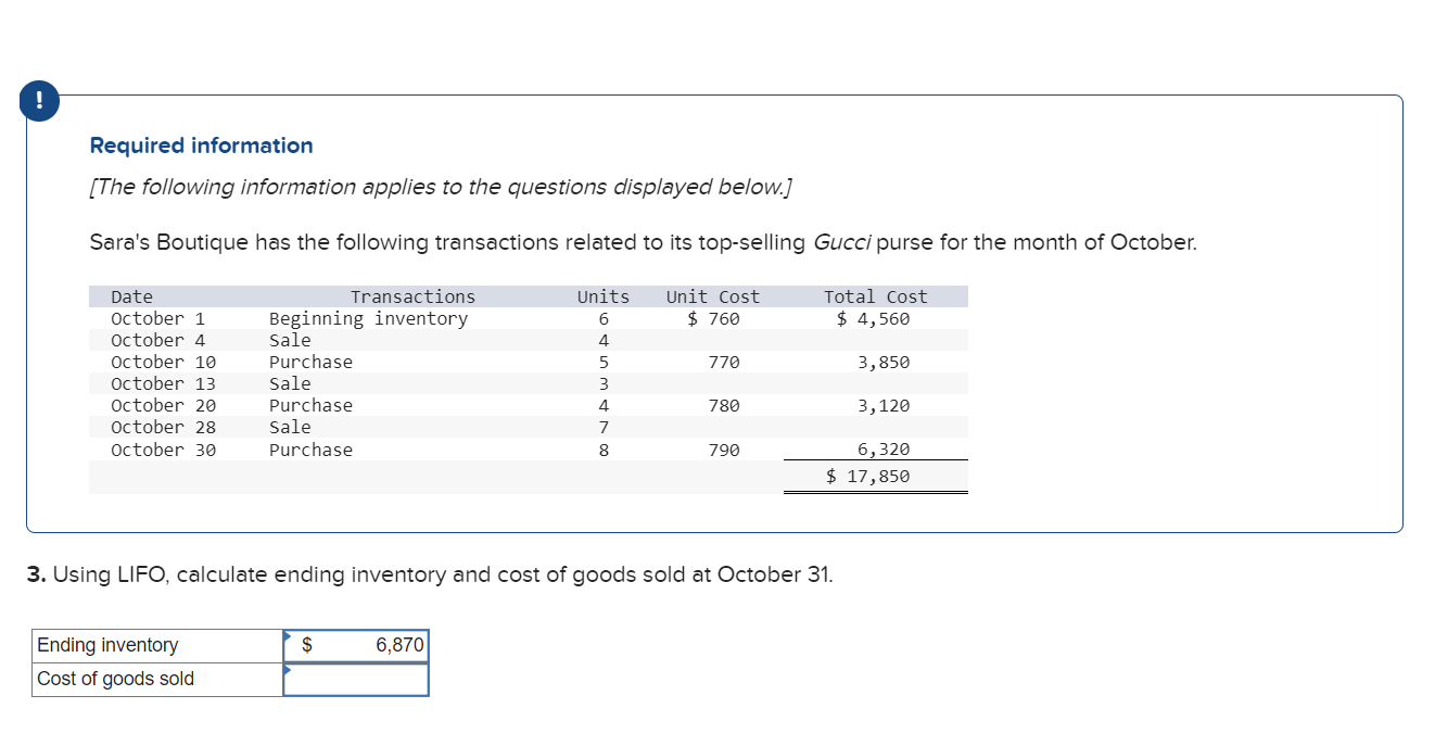 Using LIFO please calculate COGS Required information [The following information applies to