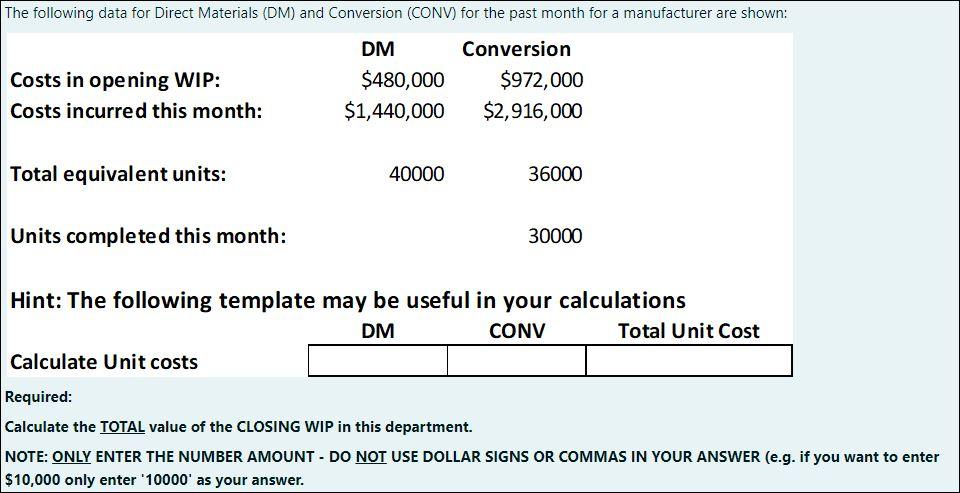 The following data for Direct Materials (DM) and Conversion (CONV) for