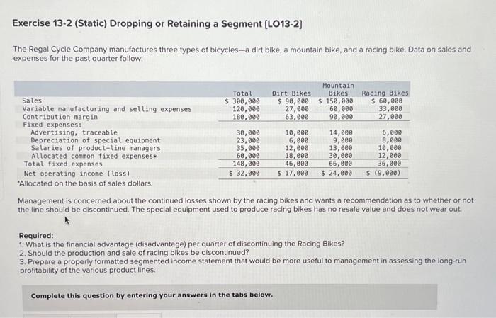  Exercise 13-2 (Static) Dropping or Retaining a Segment [LO13-2] The Regal