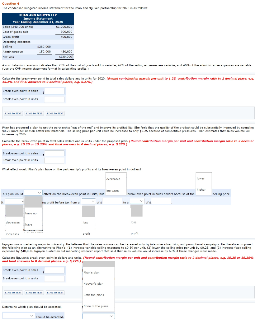  Question 4 The condensed budgeted income statement for the Phan and