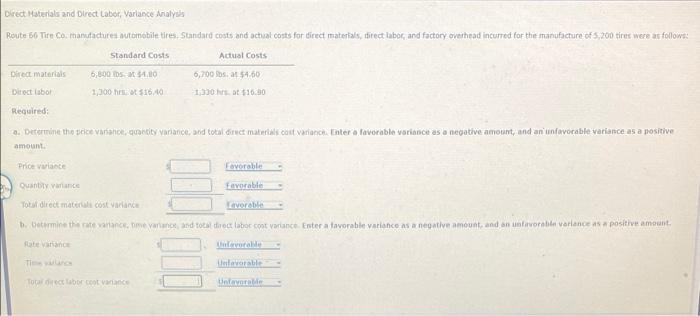  Direct Materials and Direct Labor, Variance Analysis Route 56 Tire Comanutdure