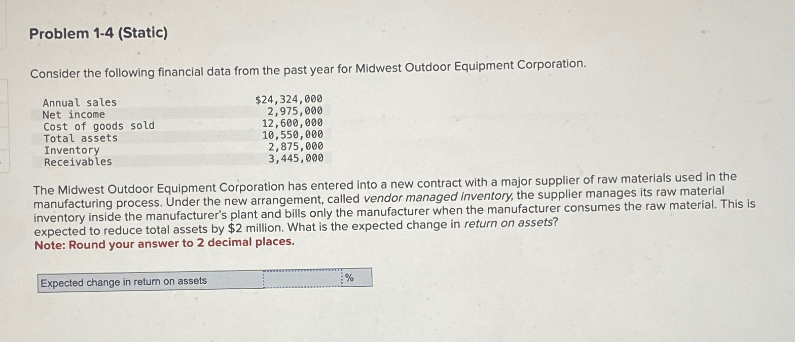  Problem 1-4(Static) Consider the following financial data from the past year