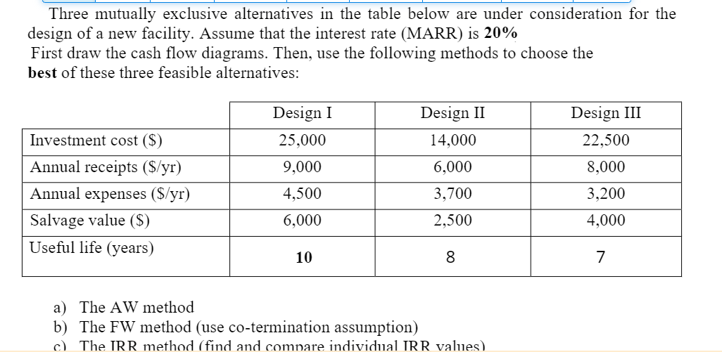 Three mutually exclusive alternatives in the table below are under consideration