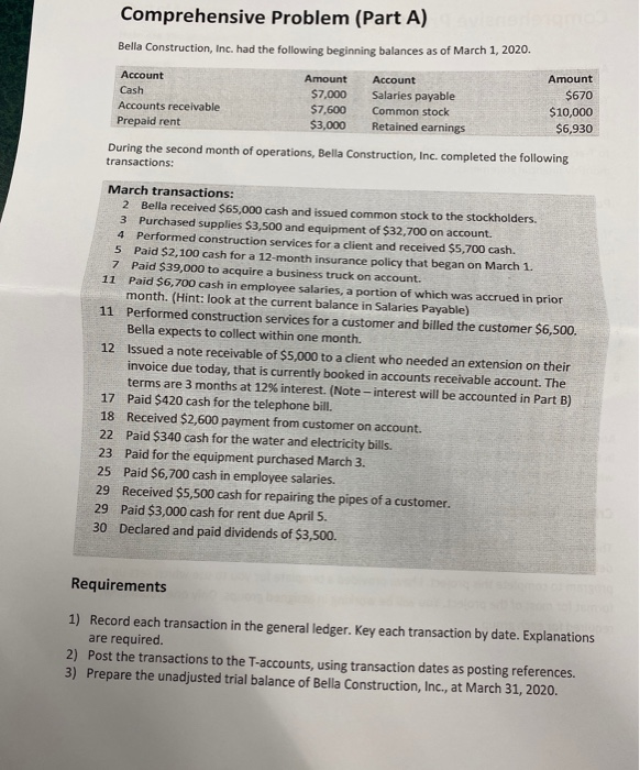 the following month end adjusting entries for Bella Construction, Inc. at March