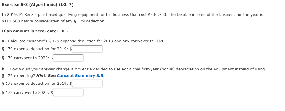  Concept Summary 8.5 below Exercise 5-8 (Algorithmic) (LO. 7) In 2019,