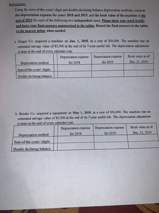  Instructions: Using the sum-of-the-years-digit and double-declining balance depreciation methods, compute the