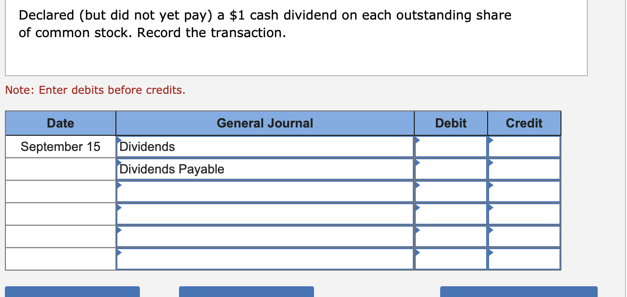 please help Declared (but did not yet pay) a \$1 cash dividend