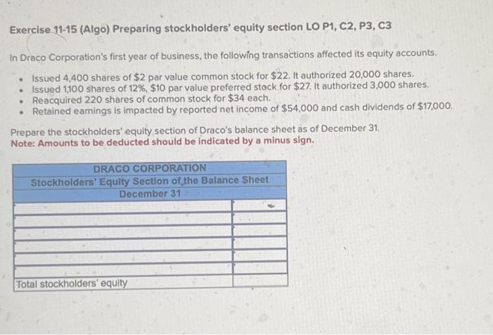  Exercise 11-15 (Algo) Preparing stockholders' equity section LO P1, C2, P3,