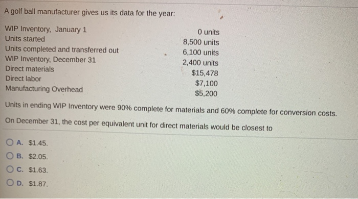 golf ball manufacturer gives us its data for the year: WIP Inventory,