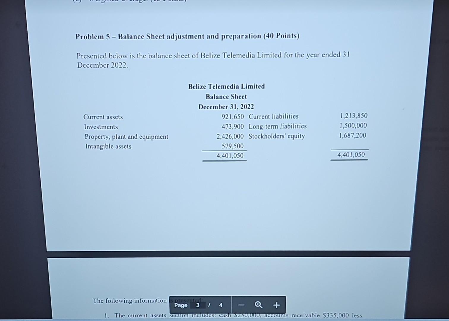  Problem 5 - Balance Sheet adjustment and preparation (40 Points) Presented