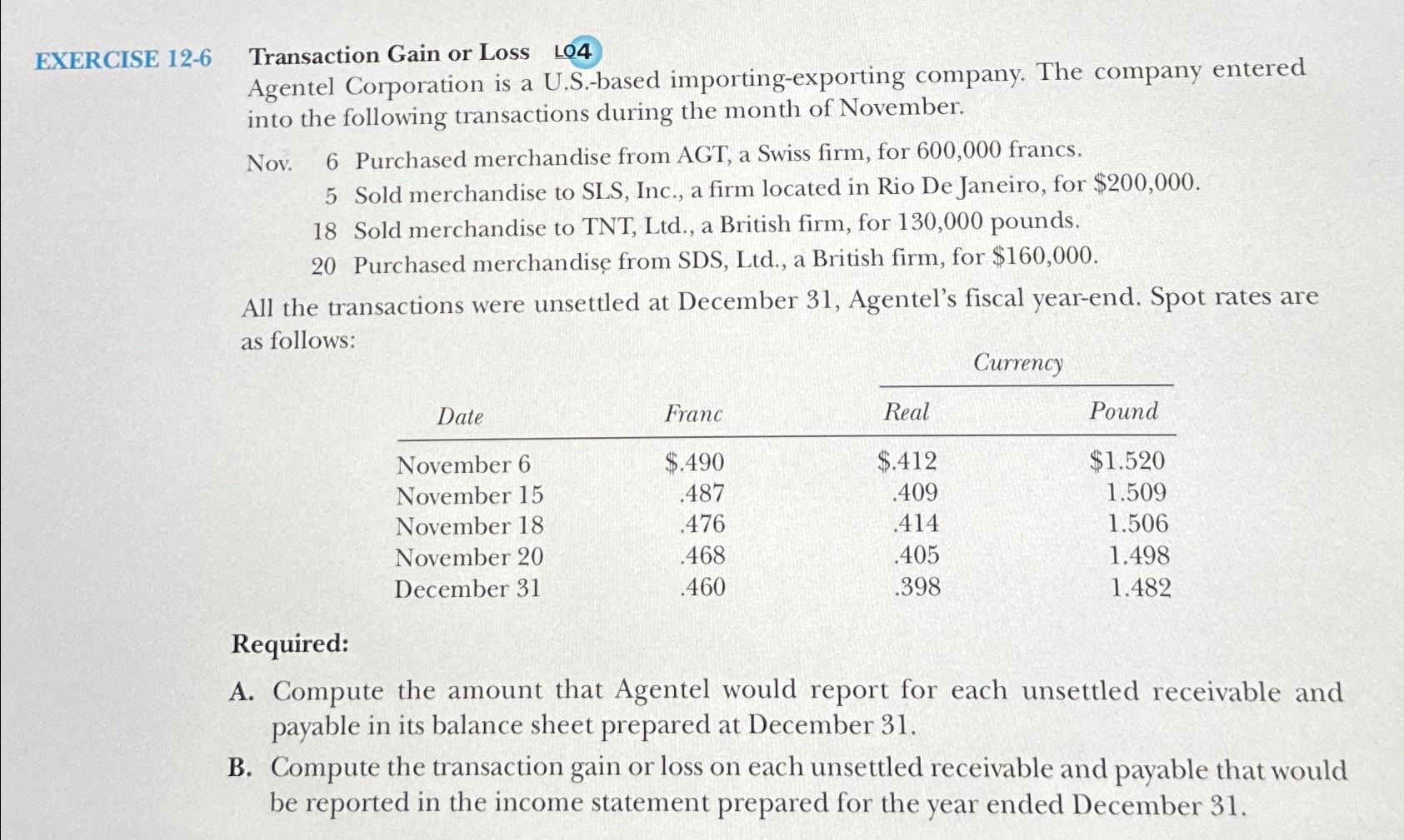  EXERCISE 12-6 Transaction Gain or Loss L04 Agentel Corporation is a