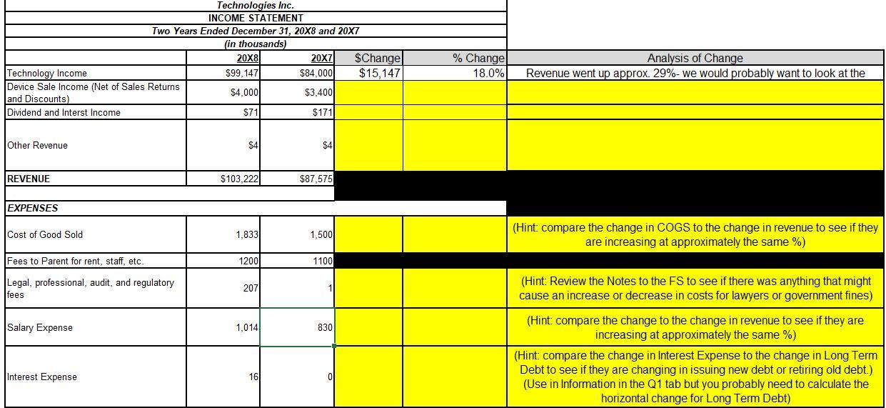 Income Statement prepare a HORIZONTAL Analysis (Do not perform this for the