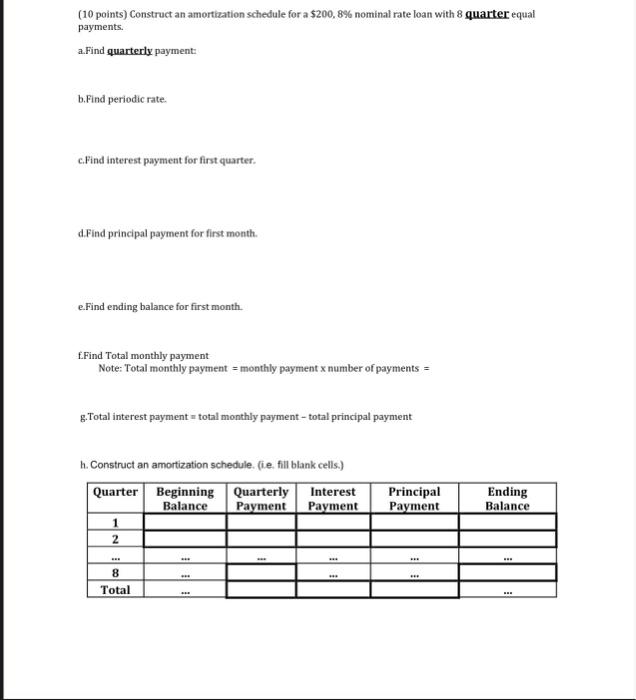  (10 points) Construct an amortization schedule for a $200,8% nominal rate
