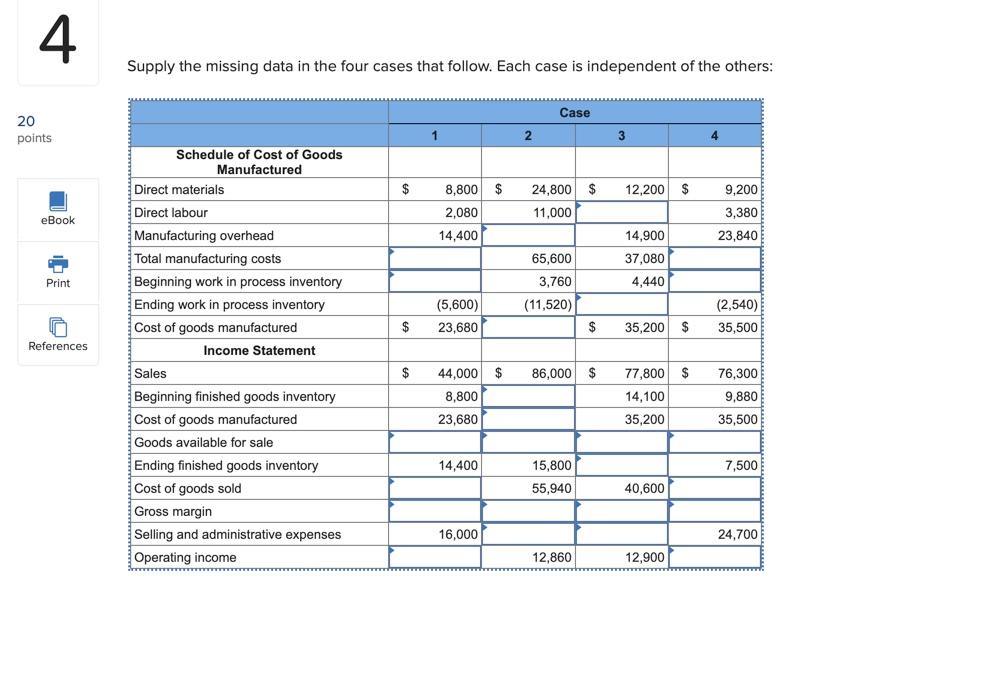  4 Supply the missing data in the four cases that follow.