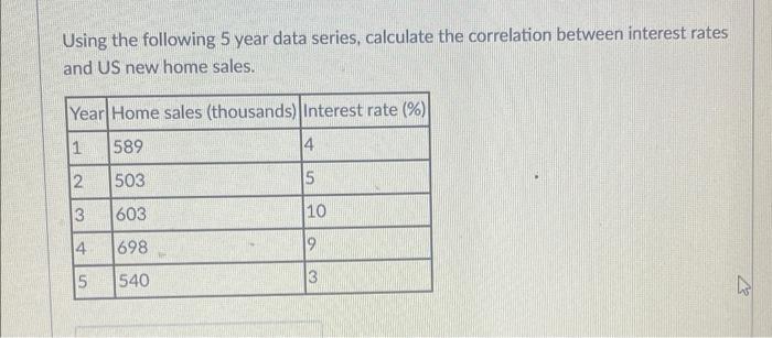  Using the following 5 year data series, calculate the correlation between