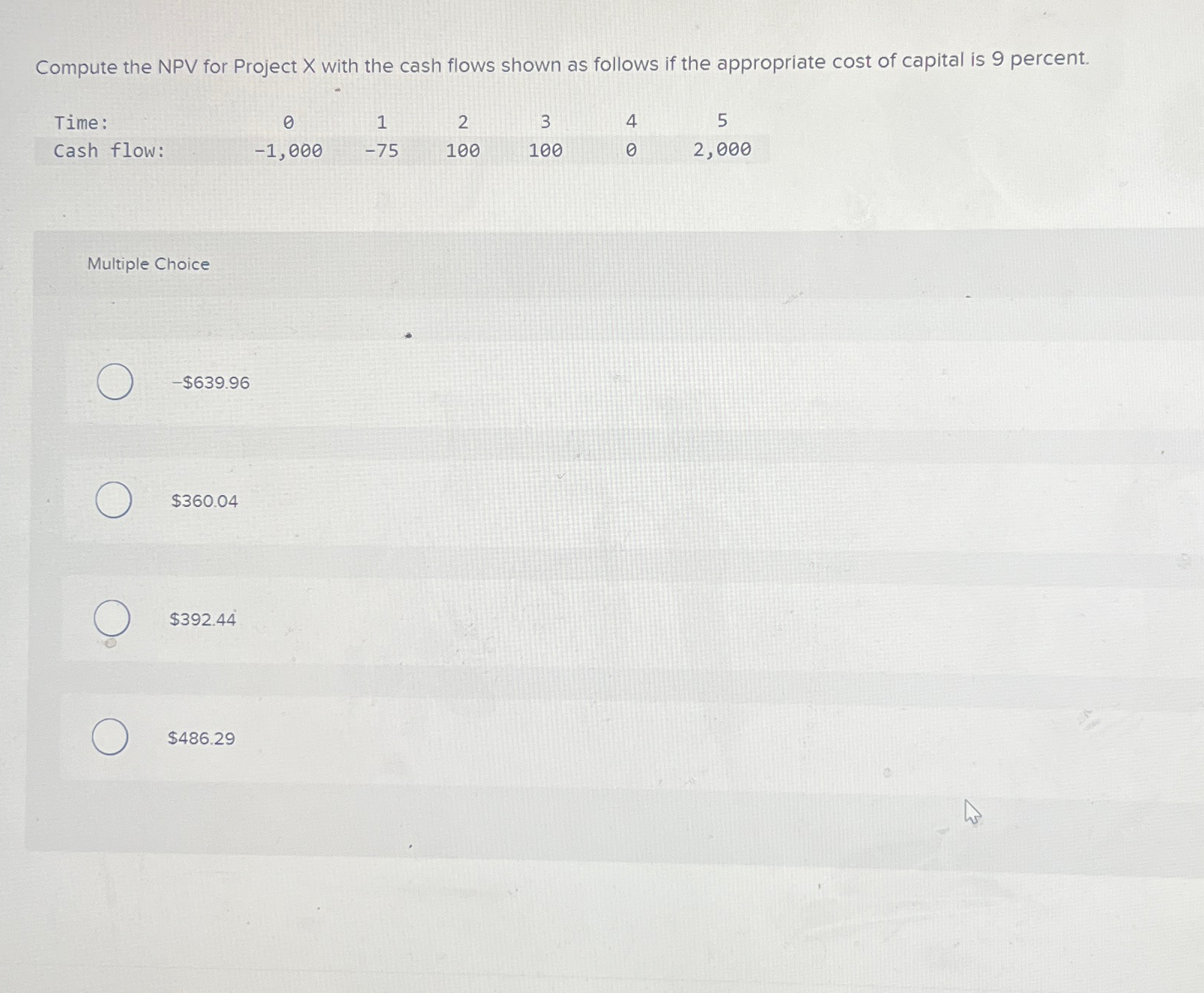  Compute the NPV for Project x with the cash flows shown