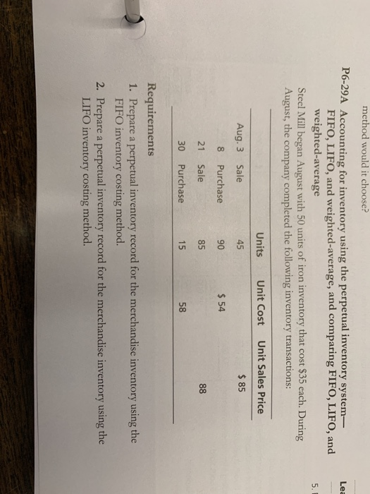  method would it choose? P6-29A Accounting for inventory using the perpetual
