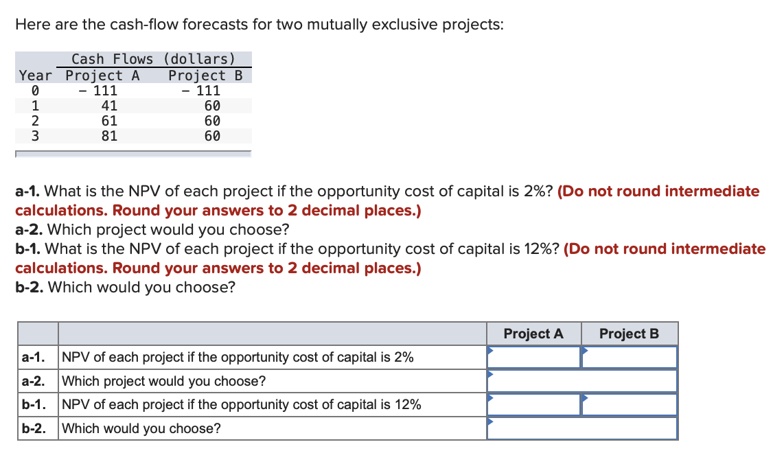  Here are the cash-flow forecasts for two mutually exclusive projects: a-1.
