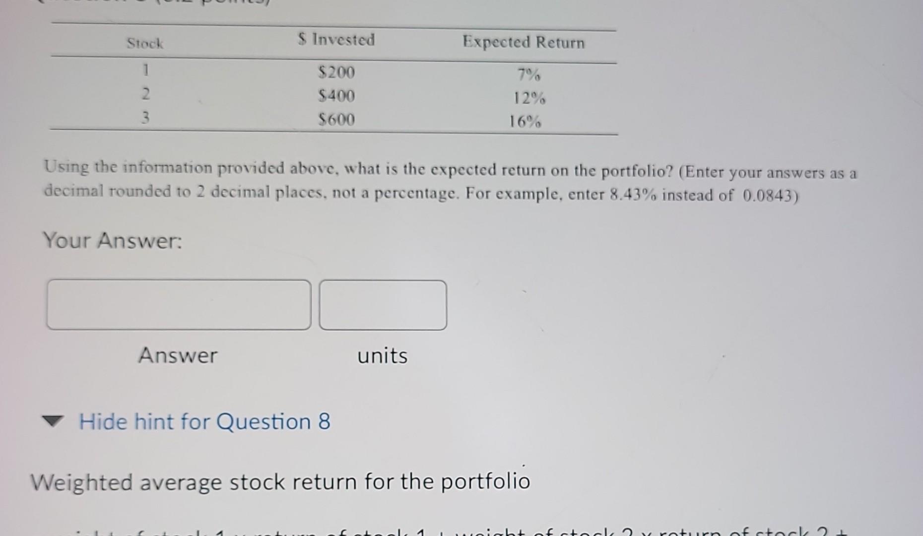  Using the information provided above, what is the expected return on