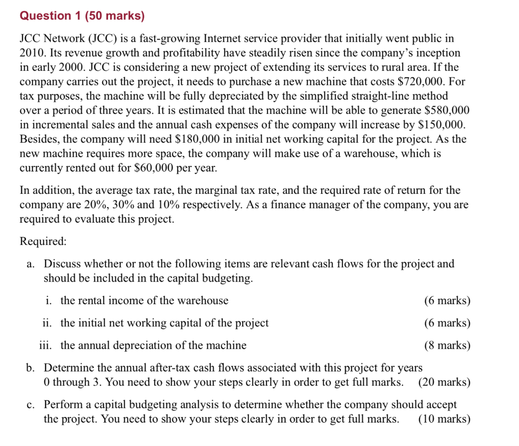 Question 1 (50 marks) JCC Network (JCC) is a fast-growing Internet