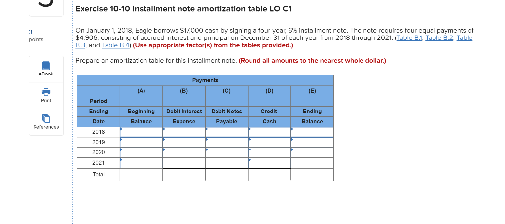 Exercise 10-10 Installment note amortization table LO C1 points On January