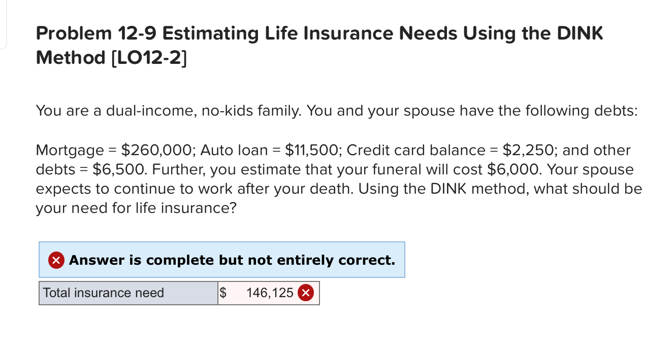  Problem 12-9 Estimating Life Insurance Needs Using the DINK Method [L012-2]