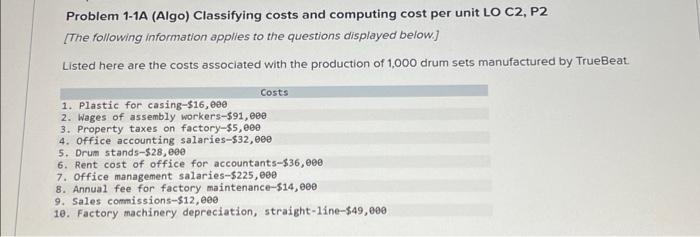  Problem 1-1A (Algo) Classifying costs and computing cost per unit LO