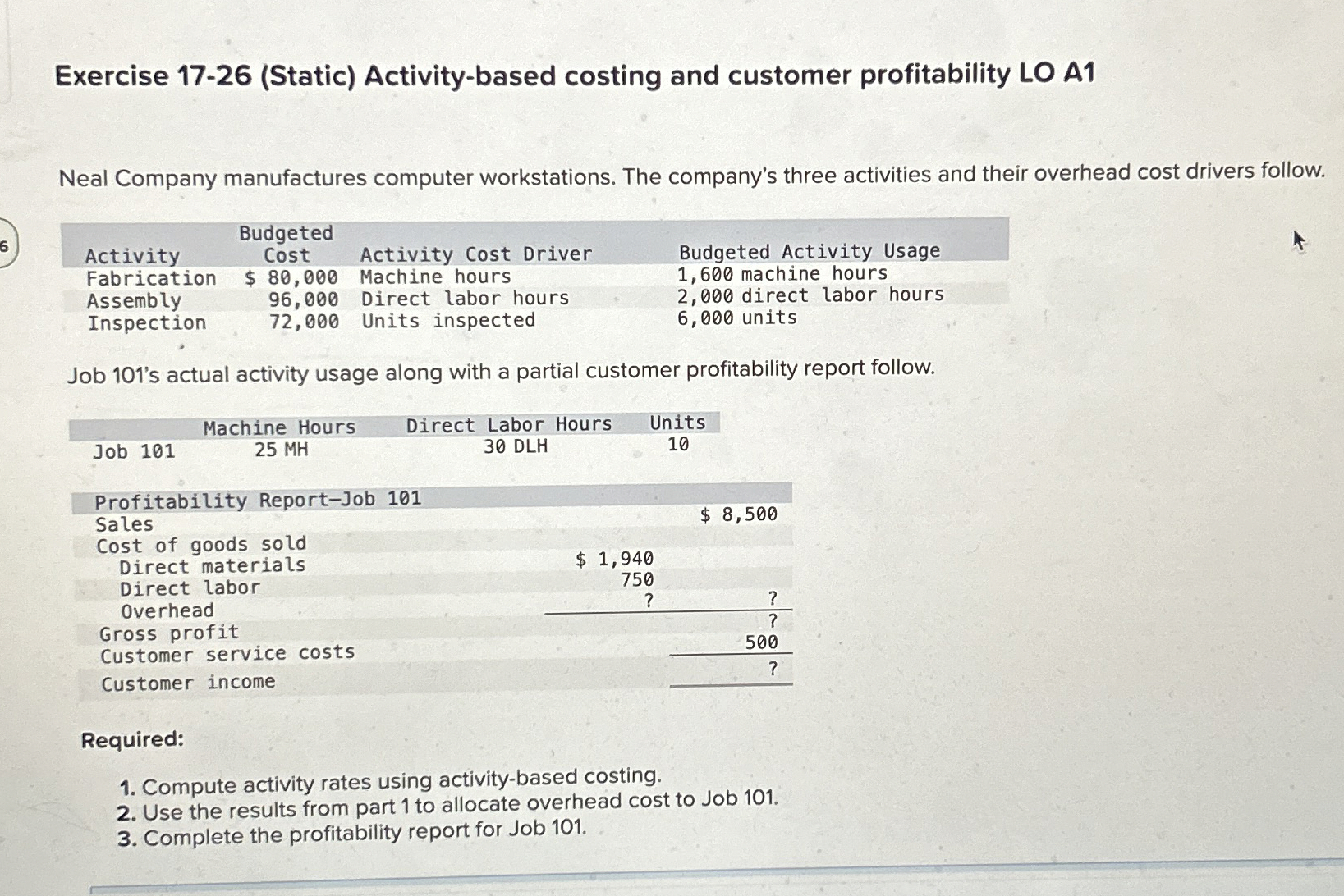  Exercise 17-26(Static) Activity-based costing and customer profitability LO A1 Neal Company
