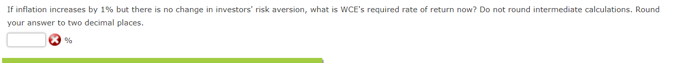 Cork Enterprises (WCE): rRF=3%;rM=9%;RPMM=6%,andbeta=1.1 What is WCE's required rate of return? Do