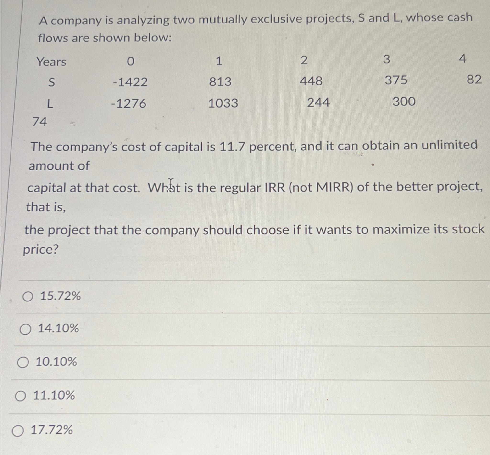  A company is analyzing two mutually exclusive projects, S and L,