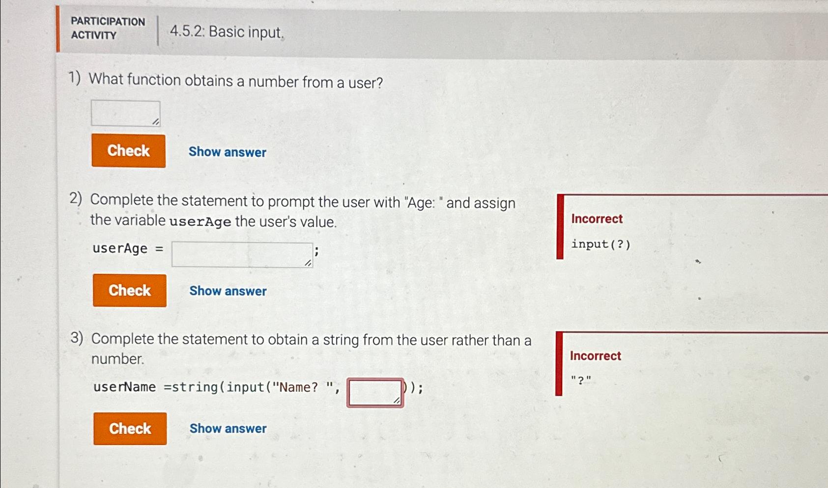  PARTICIPATION ACTIVITY 4.5.2: Basic input, What function obtains a number from