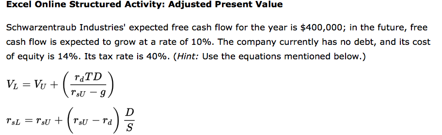 Excel Online Structured Activity: Adjusted Present Value Schwarzentraub Industries' expected free