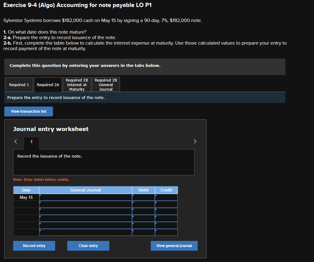 any help is appreciated! Exercise 9-4 (Algo) Accounting for note payable LO