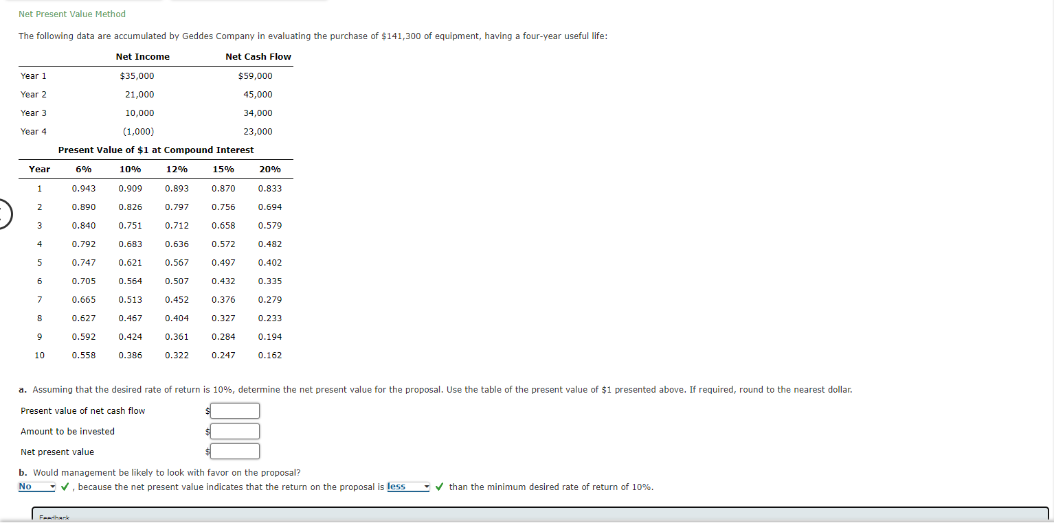  Net Present Value Method The following data are accumulated by Geddes