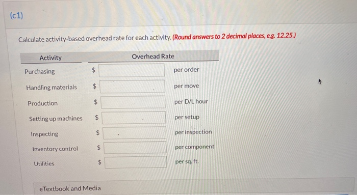  (c1) Calculate activity-based overhead rate for each activity. (Round answers to