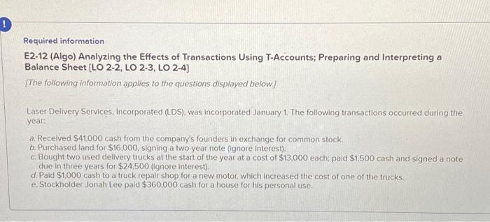  Required information E2-12 (Algo) Analyzing the Effects of Transactions Using T-Accounts;