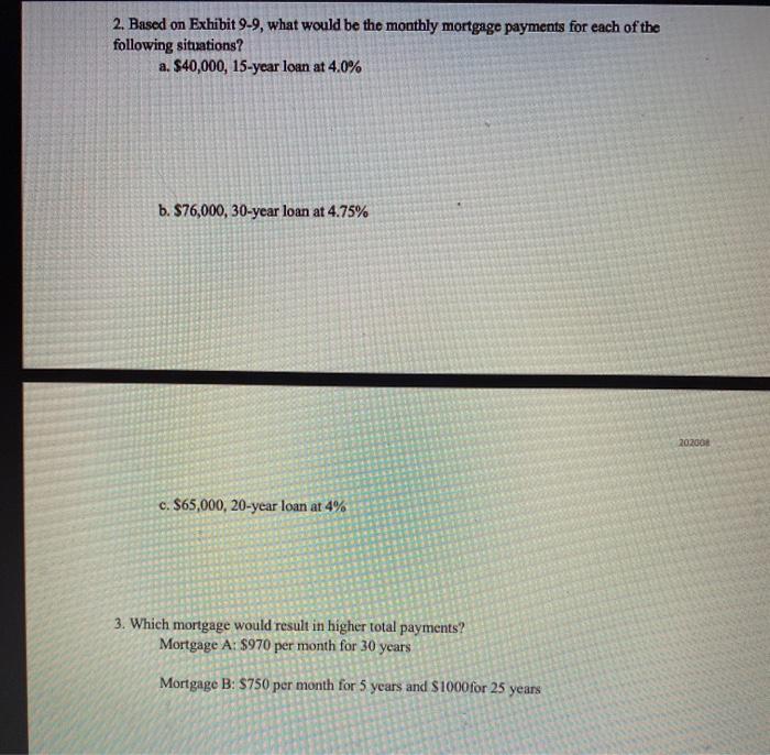  2. Based on Exhibit 9-9, what would be the monthly mortgage