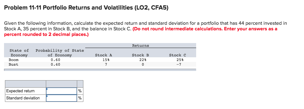 Problem 11-11 Portfolio Returns and Volatilities (LO2, CFA5) Given the following