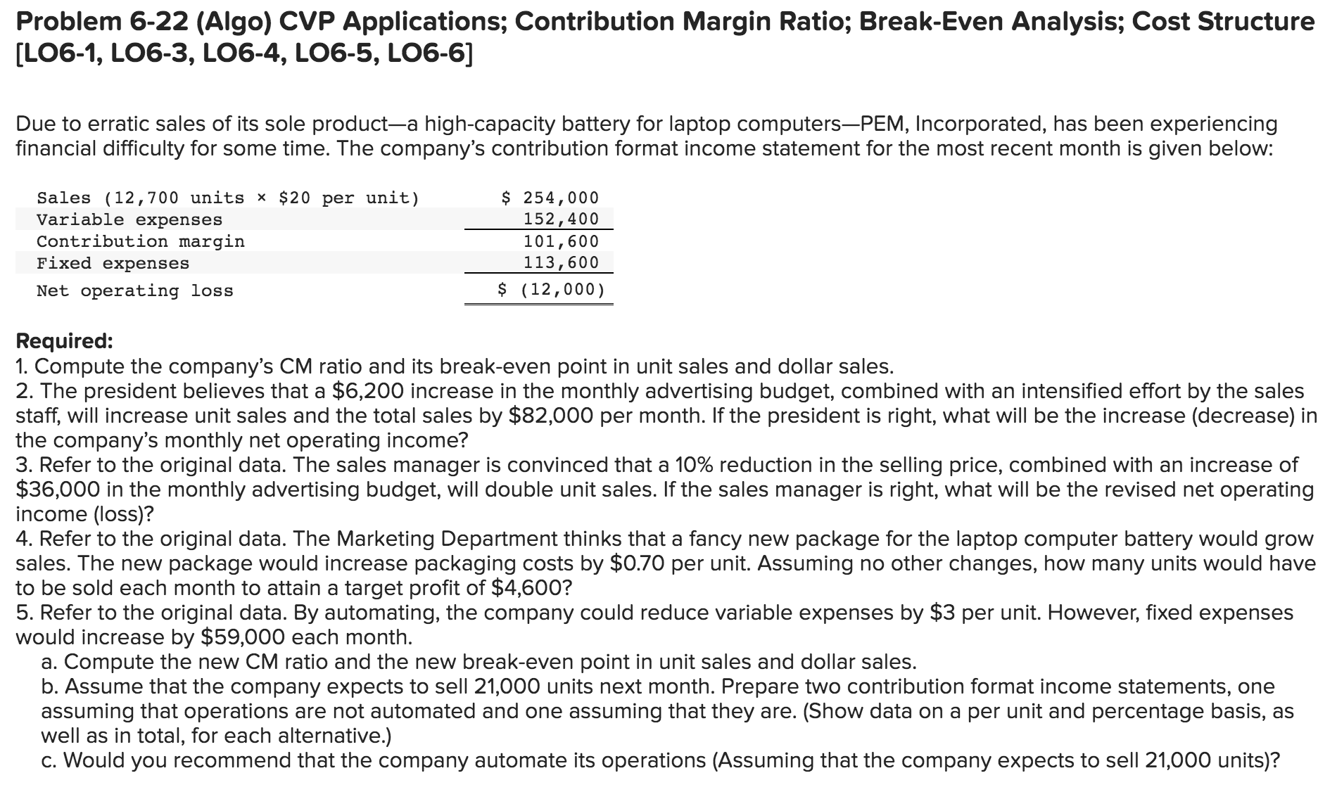  Problem 6-22 (Algo) CVP Applications; Contribution Margin Ratio; Break-Even Analysis; Cost