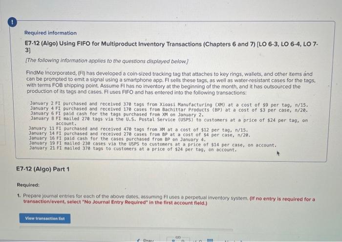  Required information E7-12 (Algo) Using FIFO for Multiproduct Inventory Transactions (Chapters