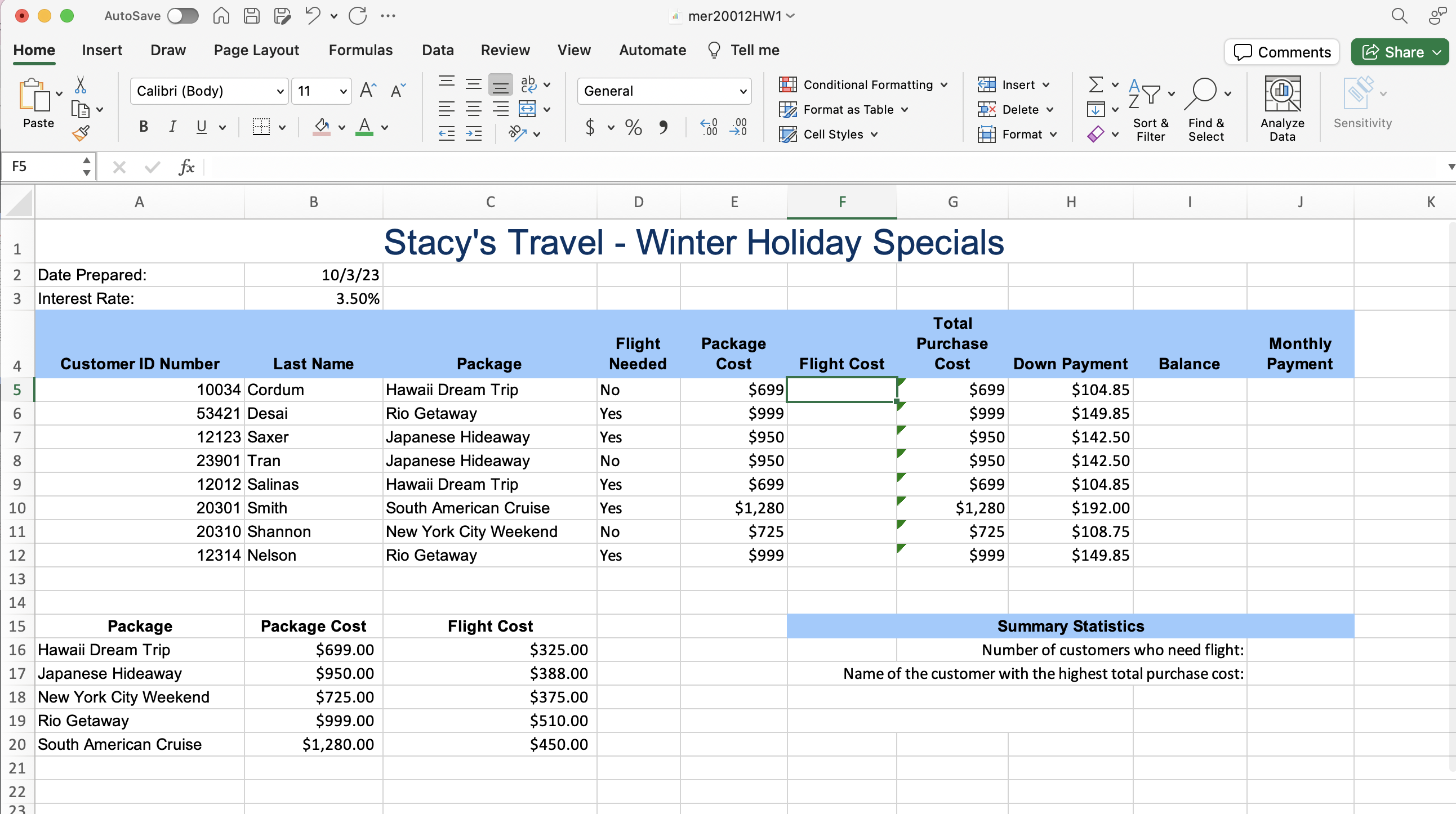 the columns for total purchase down and down payment a. (5 points)