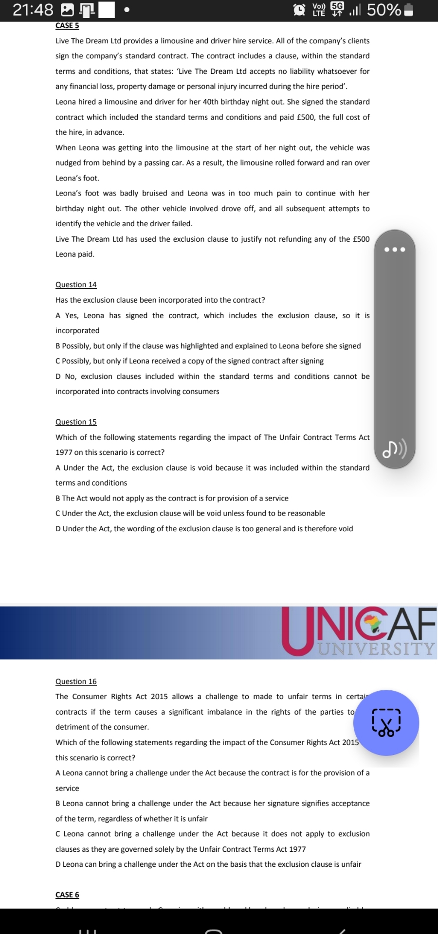  Vo)5G CASE 5 Live The Dream Ltd provides a limousine and