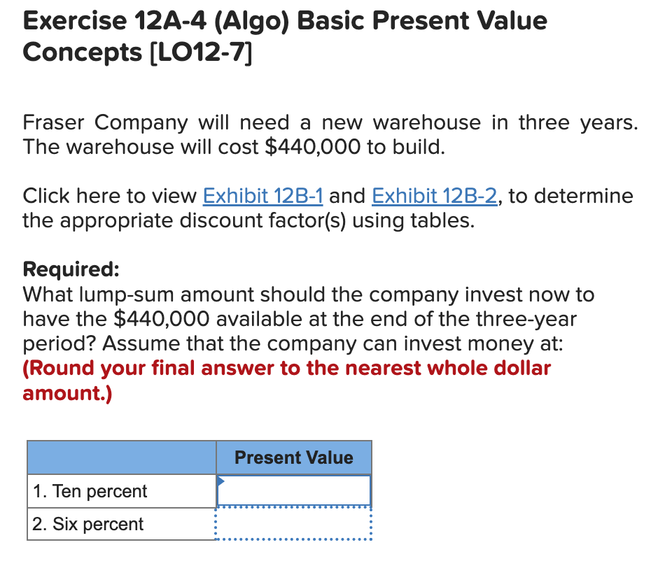  Exercise 12 A-4 (Algo) Basic Present Value Concepts [LO12-7] Fraser Company