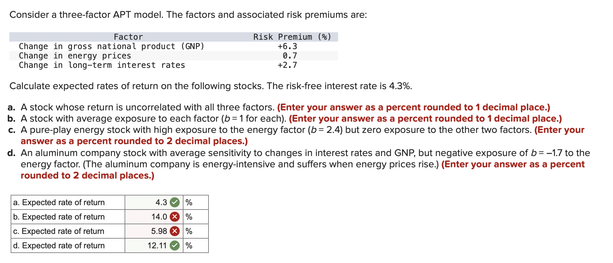  Consider a three-factor APT model. The factors and associated risk premiums