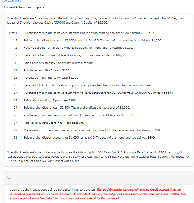 View Policies Current Attempt in Progress Sheridan Hardware Store completed the