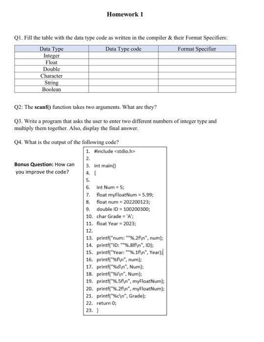  Homework 1 Q1. Fill the table with the data type code