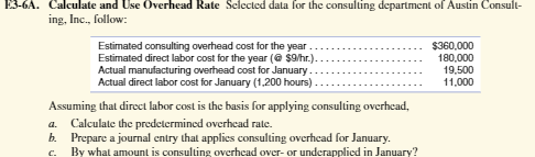  B3-6A. Calculate and Use Overhead Rate Selected data for the consulting
